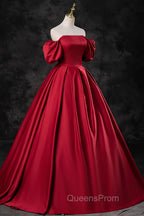 Burgundy Satin Long A-Line Evening Prom Dress, Off the Shoulder Evening Party Dress