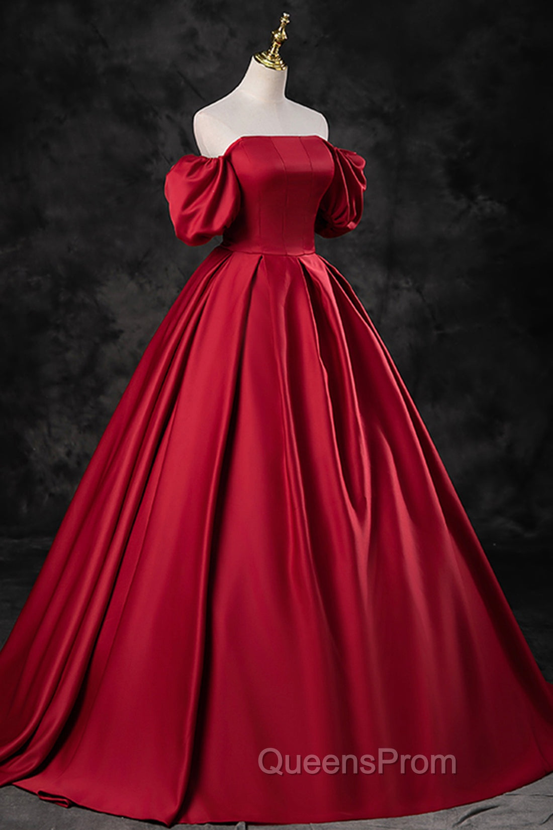 Burgundy Satin Long A-Line Evening Prom Dress, Off the Shoulder Evening Party Dress