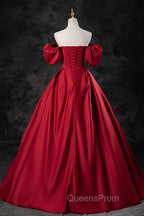 Burgundy Satin Long A-Line Evening Prom Dress, Off the Shoulder Evening Party Dress