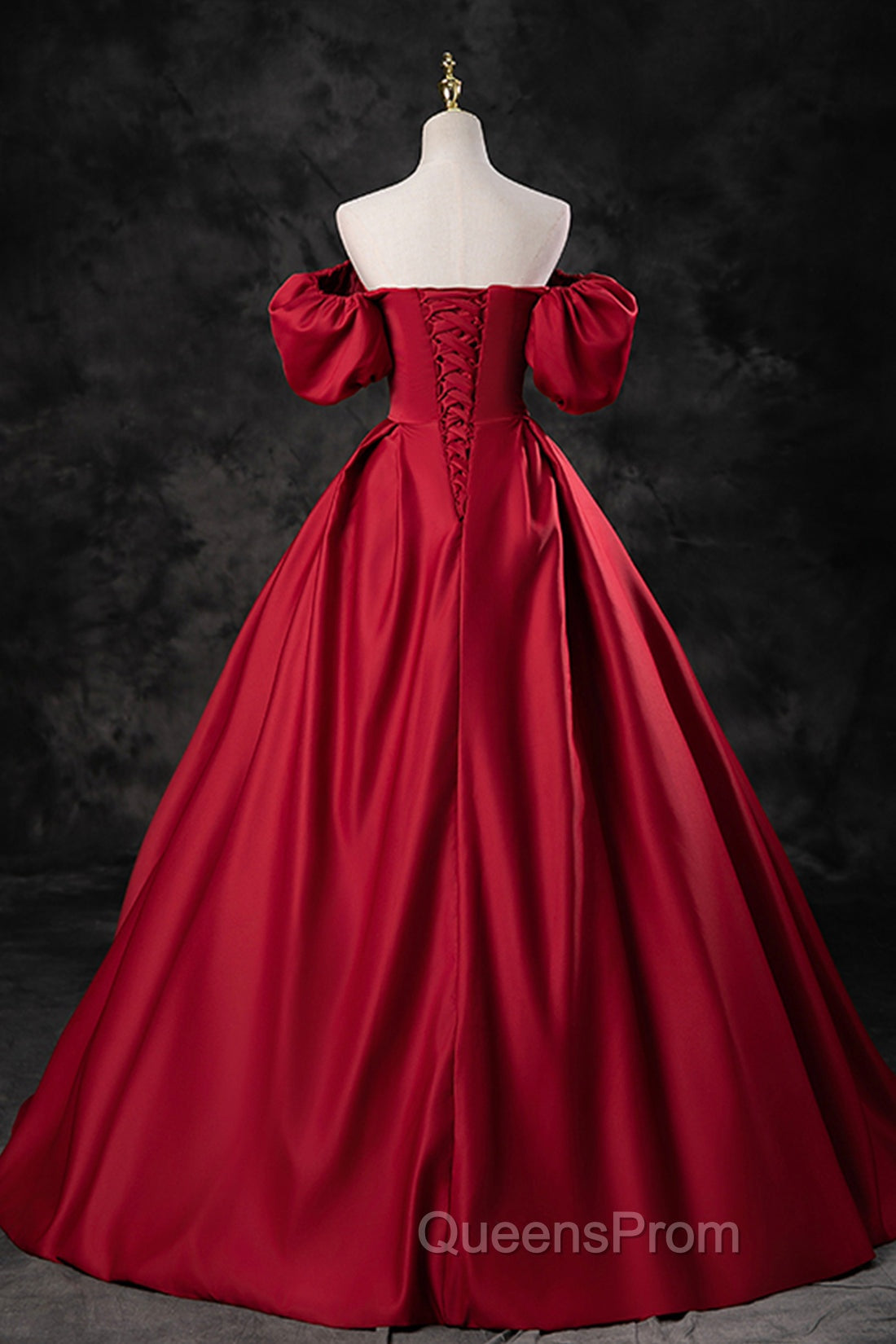Burgundy Satin Long A-Line Evening Prom Dress, Off the Shoulder Evening Party Dress