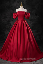 Burgundy Satin Long A-Line Evening Prom Dress, Off the Shoulder Evening Party Dress
