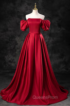 Burgundy Satin Long A-Line Evening Prom Dress, Off the Shoulder Evening Party Dress