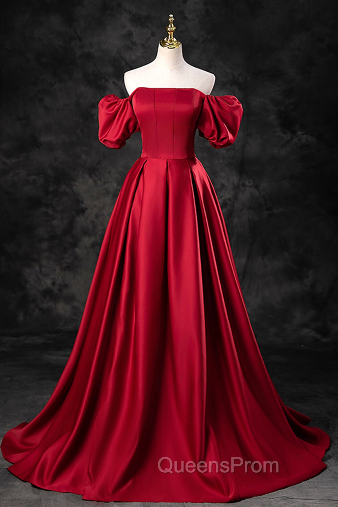 Burgundy Satin Long A-Line Evening Prom Dress, Off the Shoulder Evening Party Dress