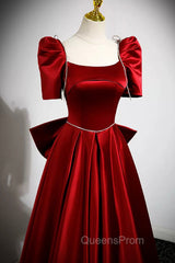 Burgundy Satin Long Evening Prom Dress, A-Line Evening Dress with Bow
