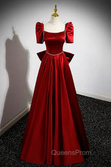Burgundy Satin Long Evening Prom Dress, A-Line Evening Dress with Bow