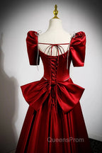 Burgundy Satin Long Evening Prom Dress, A-Line Evening Dress with Bow