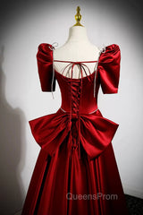 Burgundy Satin Long Evening Prom Dress, A-Line Evening Dress with Bow