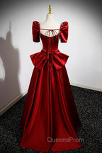 Burgundy Satin Long Evening Prom Dress, A-Line Evening Dress with Bow
