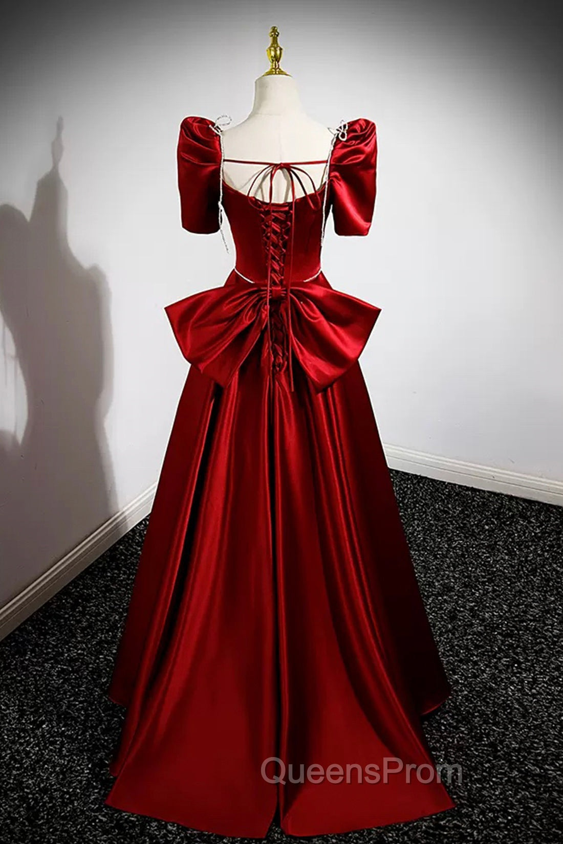 Burgundy Satin Long Evening Prom Dress, A-Line Evening Dress with Bow