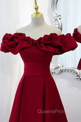 Burgundy Satin Long Evening Prom Dress, A-Line Off Shoulder Evening Party Dress