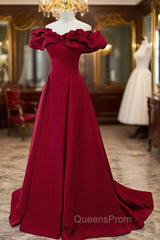 Burgundy Satin Long Evening Prom Dress, A-Line Off Shoulder Evening Party Dress