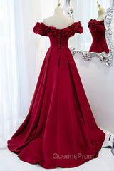 Burgundy Satin Long Evening Prom Dress, A-Line Off Shoulder Evening Party Dress