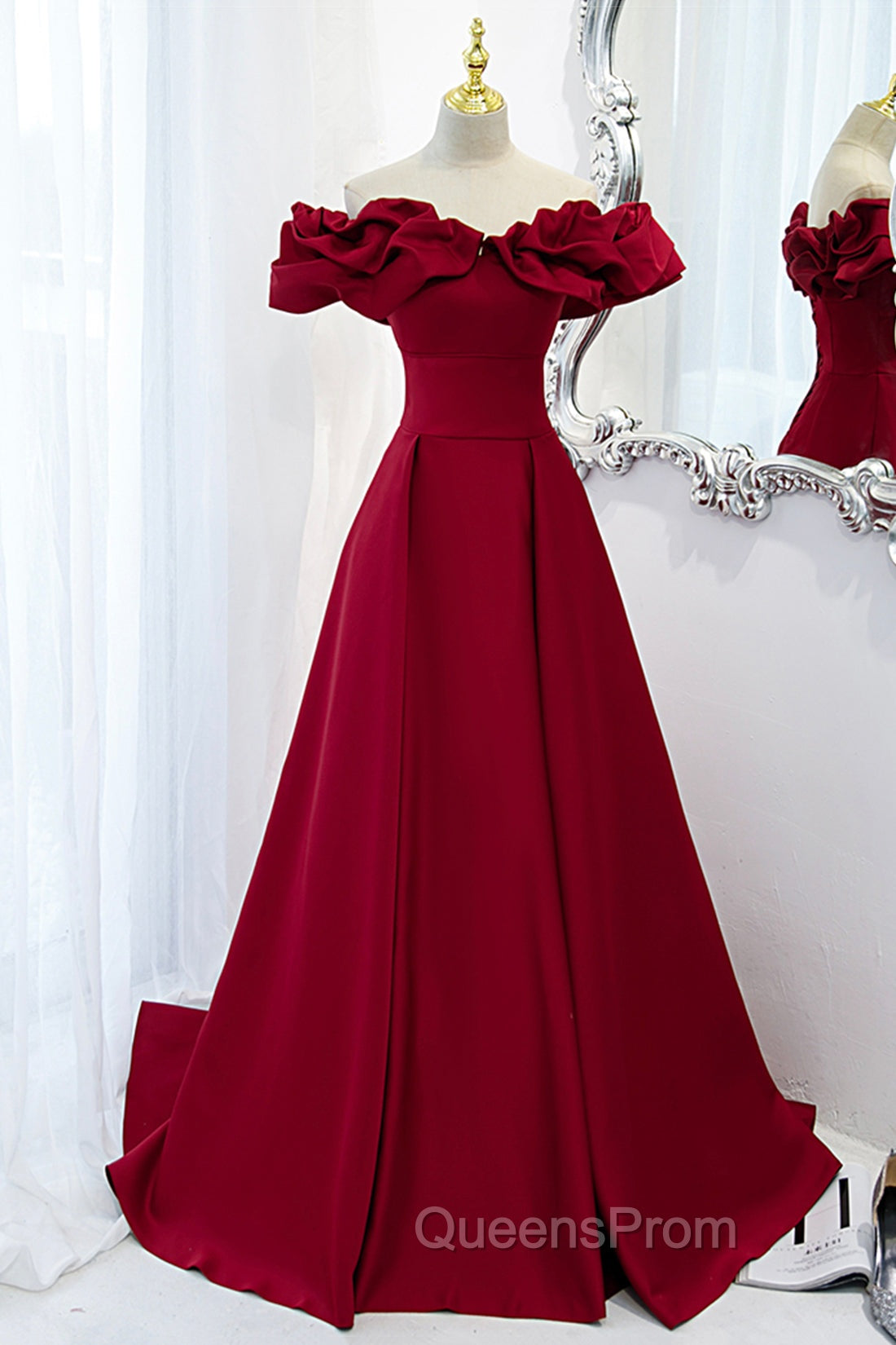 Burgundy Satin Long Evening Prom Dress, A-Line Off Shoulder Evening Party Dress Main image