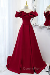 Burgundy Satin Long Evening Prom Dress, A-Line Off Shoulder Evening Party Dress