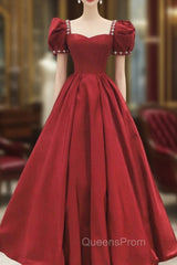 Burgundy Satin Long Evening Prom Dress, A-Line Short Sleeve Evening Dress