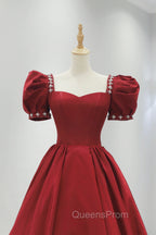Burgundy Satin Long Evening Prom Dress, A-Line Short Sleeve Evening Dress
