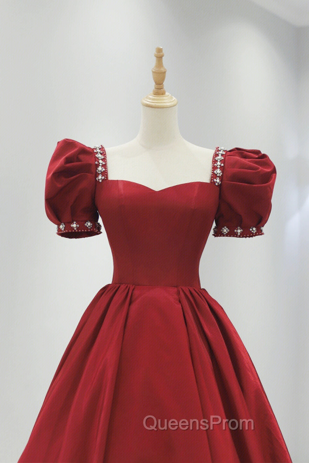 Burgundy Satin Long Evening Prom Dress, A-Line Short Sleeve Evening Dress