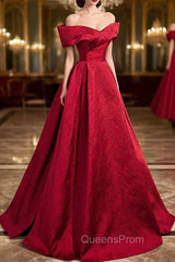 Burgundy Satin Long Evening Prom Dress, Off Shoulder Evening Party Dress