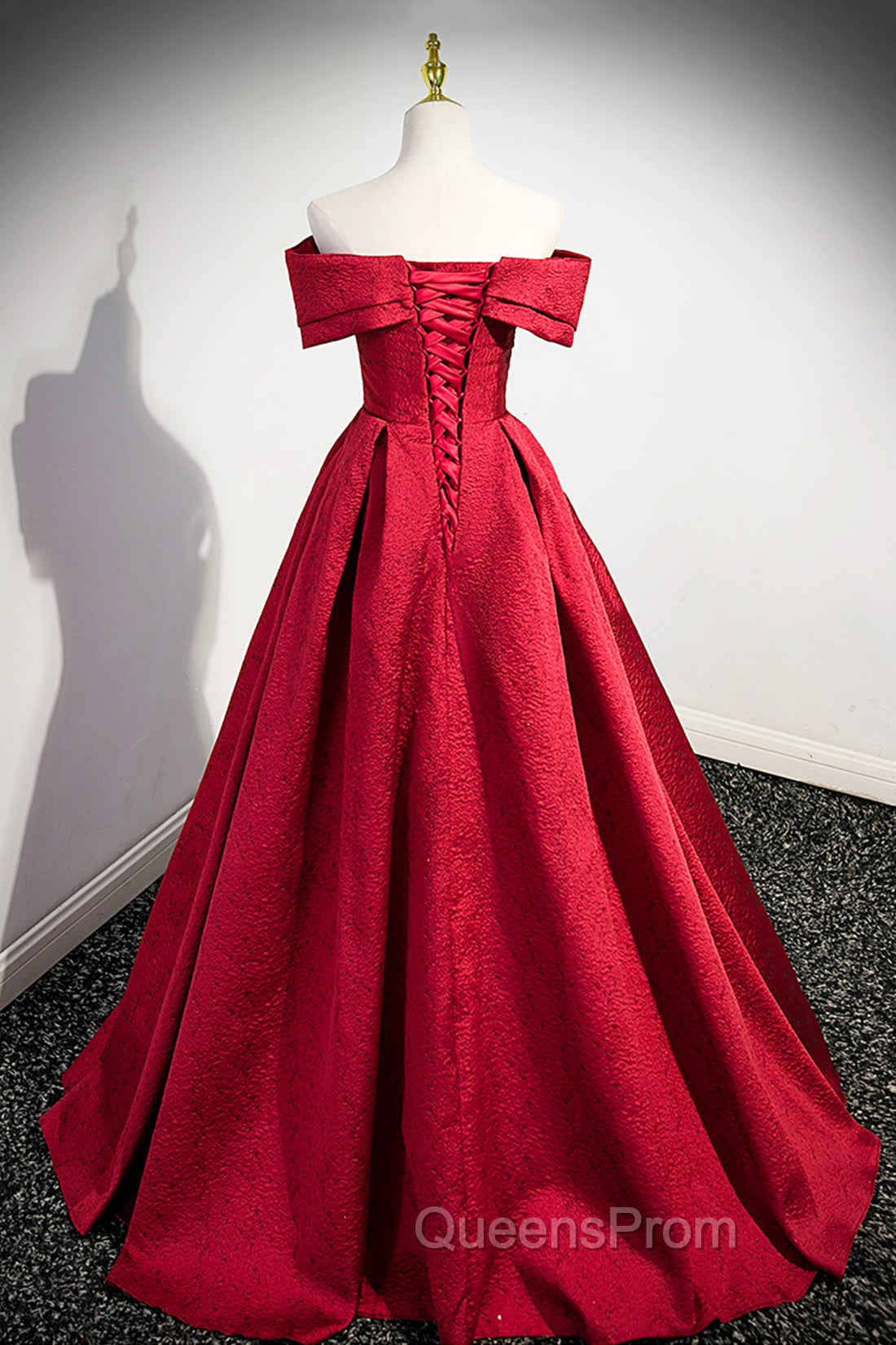Burgundy Satin Long Evening Prom Dress, Off Shoulder Evening Party Dress