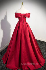 Burgundy Satin Long Evening Prom Dress, Off Shoulder Evening Party Dress