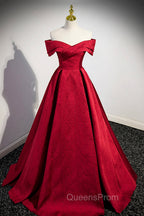 Burgundy Satin Long Evening Prom Dress, Off Shoulder Evening Party Dress