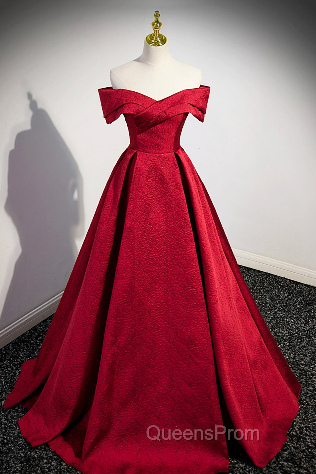 Burgundy Satin Long Evening Prom Dress, Off Shoulder Evening Party Dress