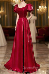 Burgundy Satin Long Evening Prom Dress, Simple A-Line Evening Dress