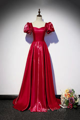 Burgundy Satin Long Evening Prom Dress, Simple A-Line Evening Dress