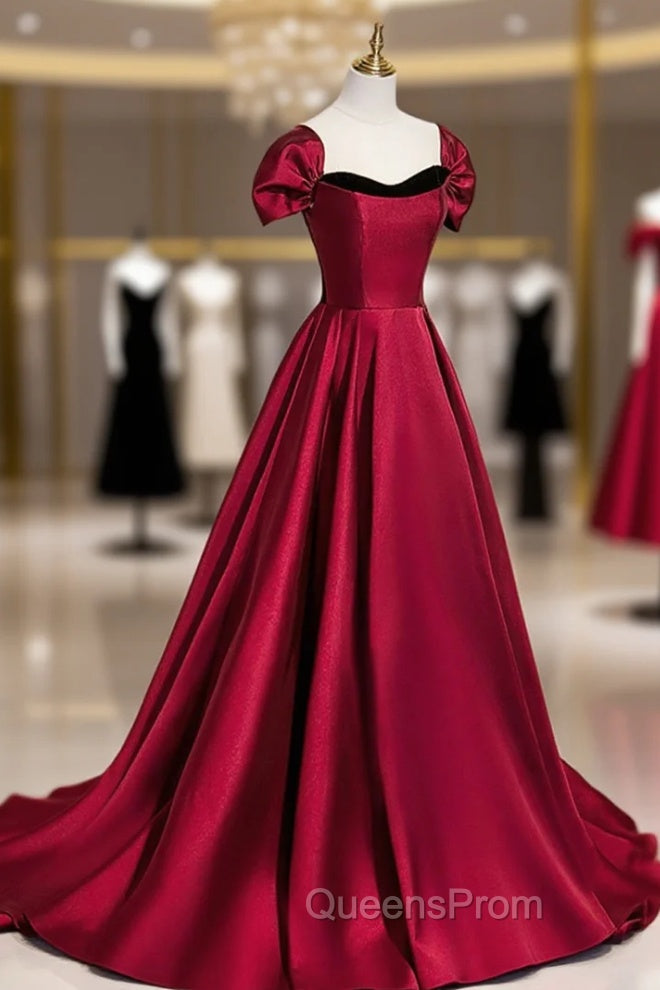 Burgundy Satin Long Evening Prom Dress, Simple A-Line Evening Party Dress Secondary image