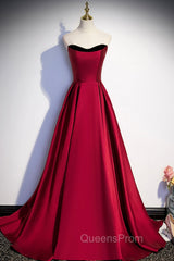 Burgundy Satin Long Evening Prom Dress, Simple A-Line Evening Party Dress