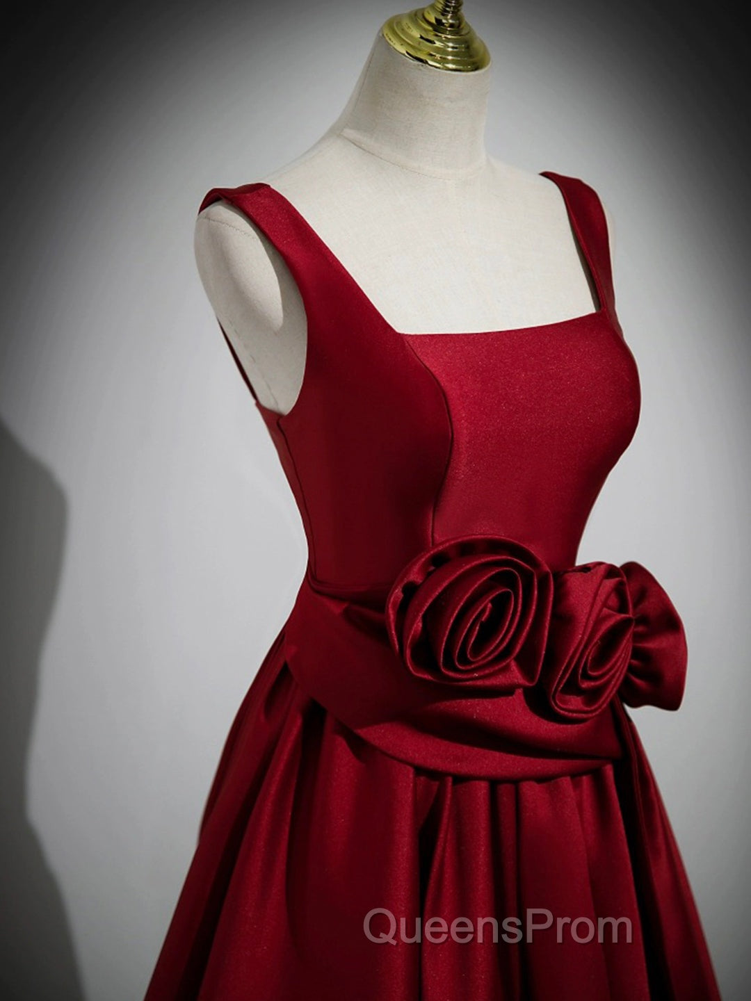 Burgundy Satin Long Evening Prom Dress With Flowers, Elegant A-Line Party Dress Secondary image