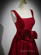 Burgundy Satin Long Evening Prom Dress With Flowers, Elegant A-Line Party Dress