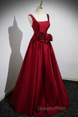 Burgundy Satin Long Evening Prom Dress With Flowers, Elegant A-Line Party Dress