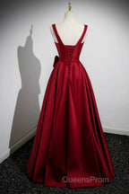 Burgundy Satin Long Evening Prom Dress With Flowers, Elegant A-Line Party Dress
