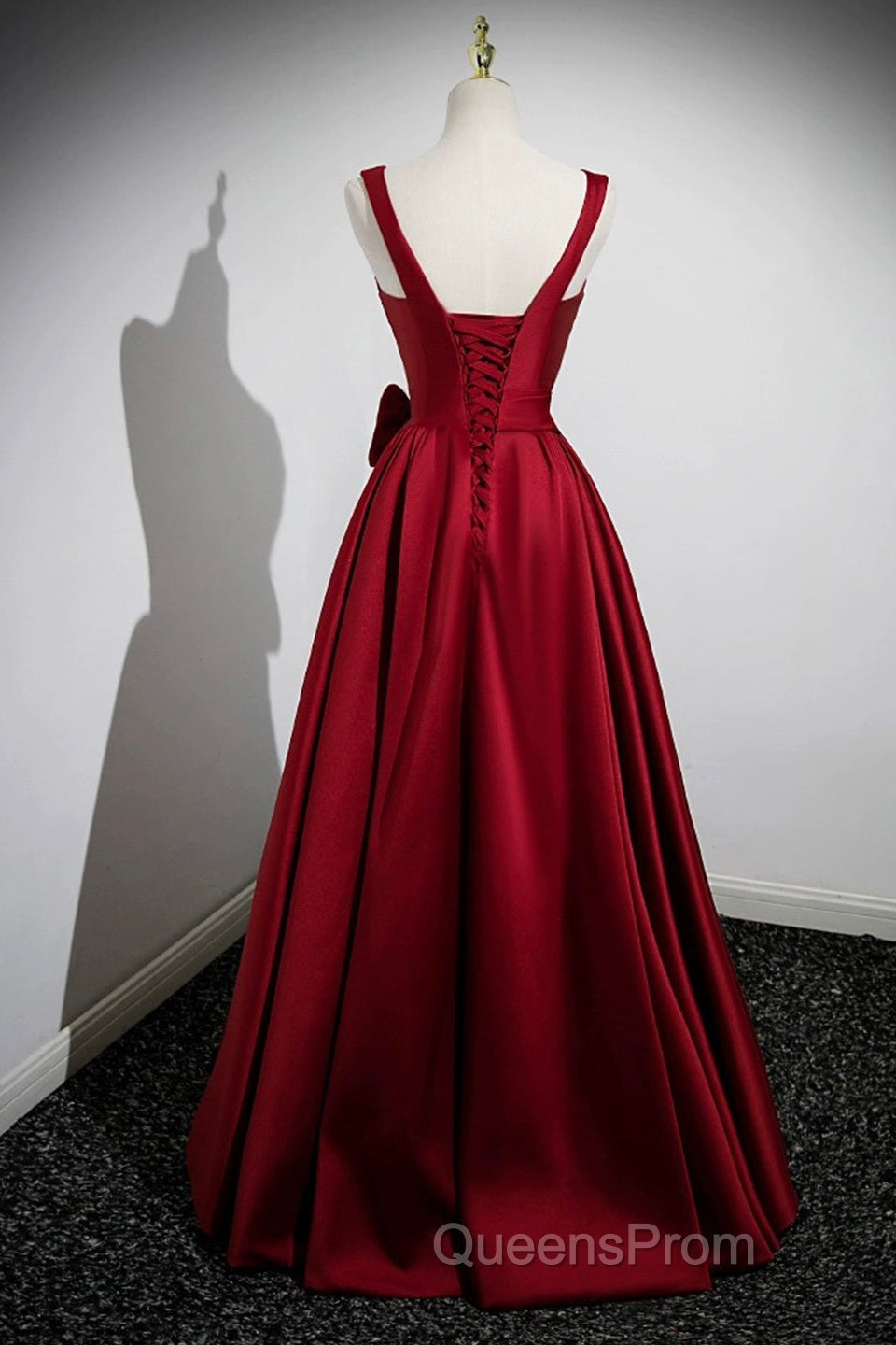Burgundy Satin Long Evening Prom Dress With Flowers, Elegant A-Line Party Dress