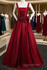 Burgundy Satin Long Evening Prom Dress With Flowers, Elegant A-Line Party Dress