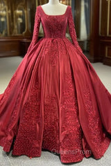 Burgundy Satin Long Sleeve Appliques Pearls Evening Prom Dress