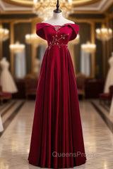 Burgundy Satin Off the Shoulder Appliques Beading Evening Prom Dress