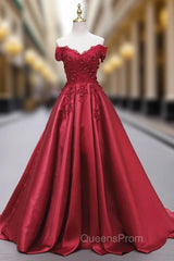 Burgundy Satin Off the Shoulder Appliques Evening Prom Dress