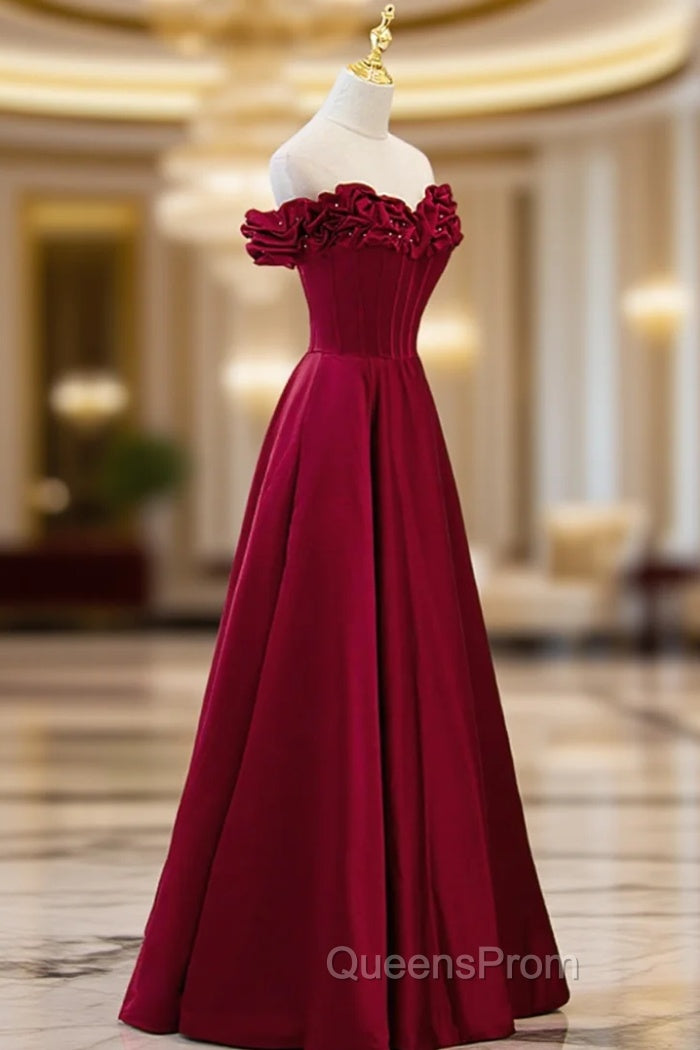 Burgundy Satin Off the Shoulder Beaded Long Evening Dress, Burgundy A-Line Evening Prom Dress
