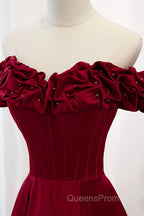 Burgundy Satin Off the Shoulder Beaded Long Evening Dress, Burgundy A-Line Evening Prom Dress