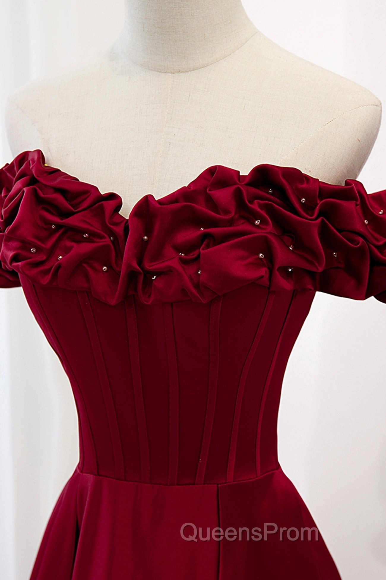Burgundy Satin Off the Shoulder Beaded Long Evening Dress, Burgundy A-Line Evening Prom Dress