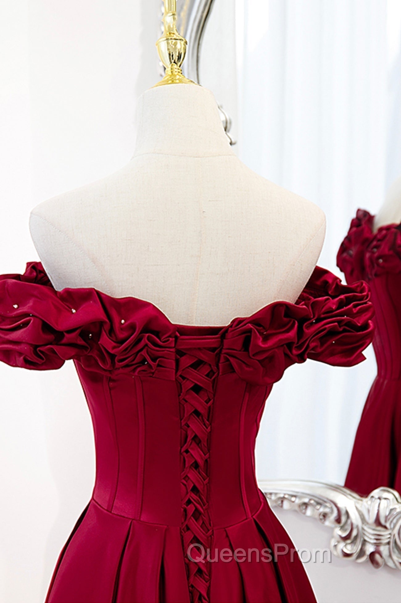 Burgundy Satin Off the Shoulder Beaded Long Evening Dress, Burgundy A-Line Evening Prom Dress