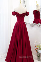 Burgundy Satin Off the Shoulder Beaded Long Evening Dress, Burgundy A-Line Evening Prom Dress