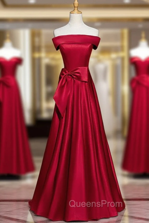 Burgundy Satin Off the Shoulder Bow Evening Prom Dress Main image