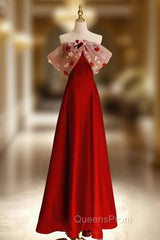 Burgundy Satin Off the Shoulder Flower Evening Prom Dress