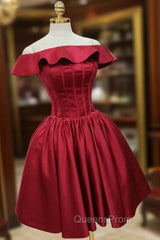Burgundy Satin Off the Shoulder Homecoming Dress