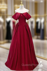 Burgundy Satin Off the Shoulder Long Evening Prom Dress