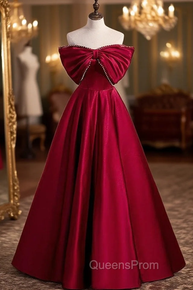 Burgundy Satin Off the Shoulder Pearls Bow Evening Prom Dress Main image