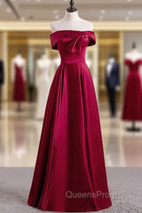Burgundy Satin Off the Shoulder Pearls Evening Prom Dress